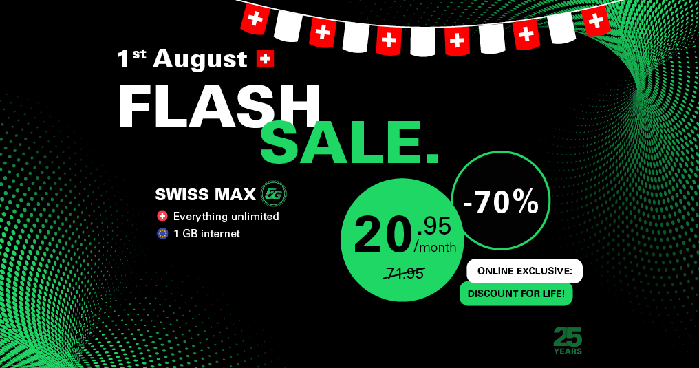 Black background with white and green text: Flash Sale. Swiss Max 20.95/month instead of 71.95, Salt Mobile