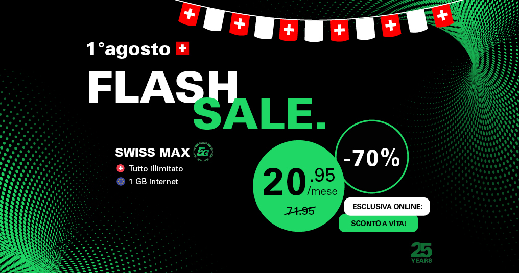 Sfondo nero con testo bianco e verde: Flash sale. Swiss Max 20.95/mese invece di 71.95, Salt Mobile