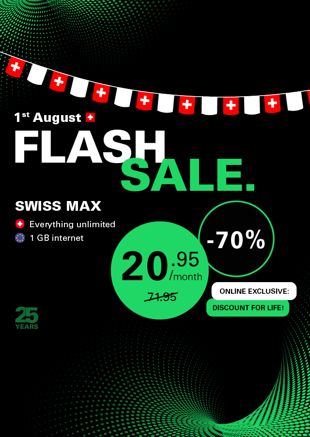Black background with white and green text: Flash Sale. Swiss Max 20.95/month instead of 71.95, Salt Mobile